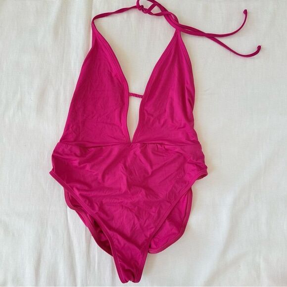 Bikini Lab Womens One Piece Swimsuit Deep V Plunge Hot Pink Large L - Picture 1 of 4